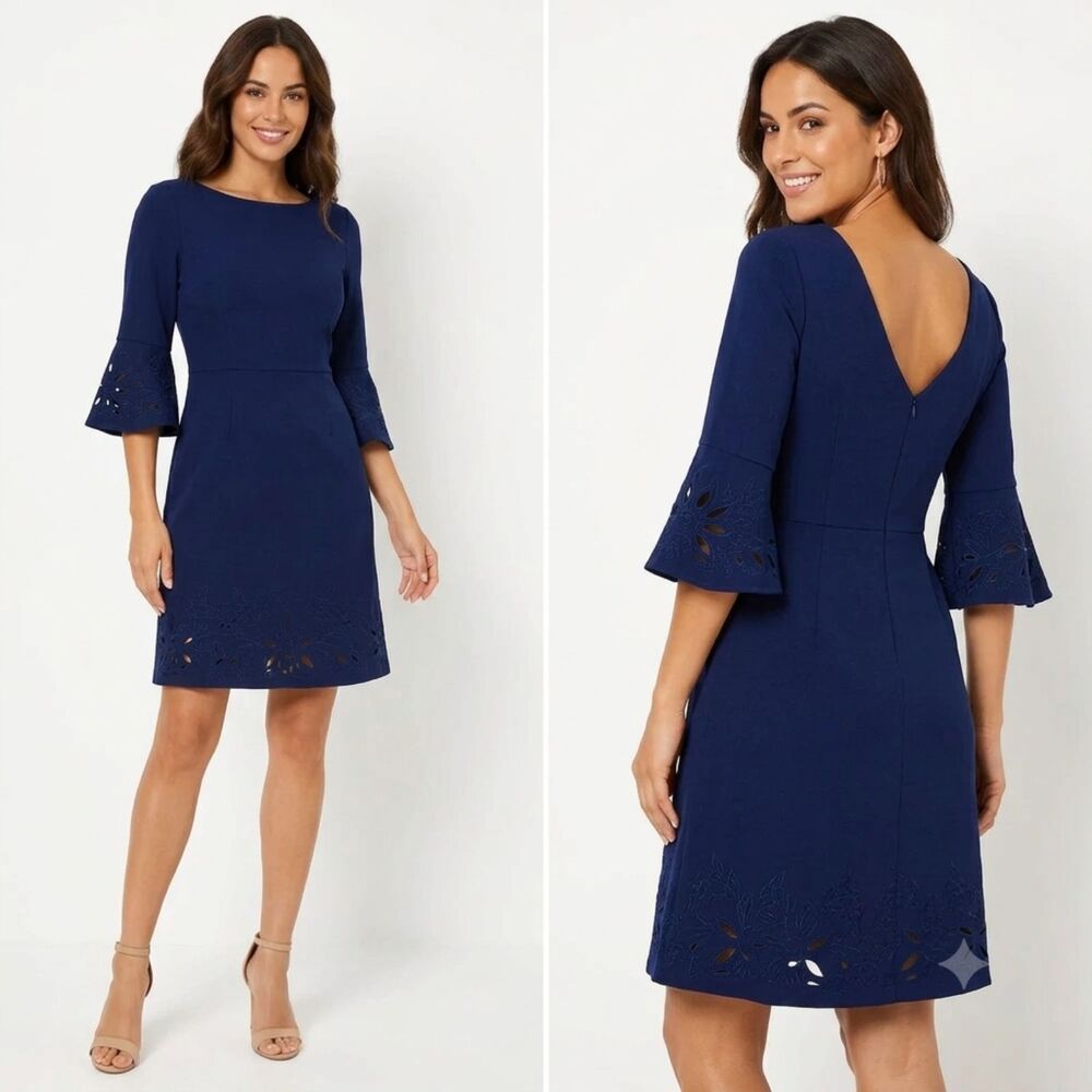 Adrianna Papell Navy Sheath Dress 6 Bell Sleeve Floral Laser Cut Cocktail